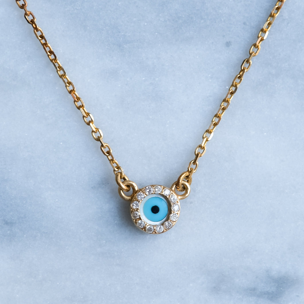 Vintage 16 Inch Diamond and Mother of Pearl Evil Eye Pendant Necklace