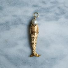 Load image into Gallery viewer, Retro Articulated Fish Pendant with Ruby Eyes and Pearl in Mouth - A
