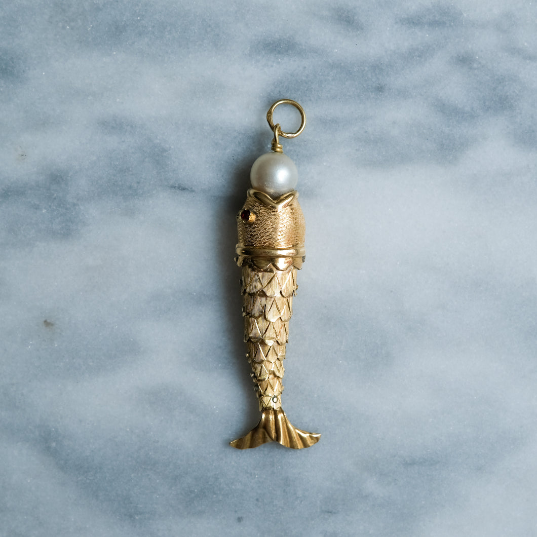 Retro Articulated Fish Pendant with Ruby Eyes and Pearl in Mouth - A