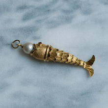 Load image into Gallery viewer, Retro Articulated Fish Pendant with Ruby Eyes and Pearl in Mouth - A
