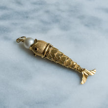 Load image into Gallery viewer, Retro Articulated Fish Pendant with Ruby Eyes and Pearl in Mouth - A
