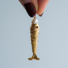 Load image into Gallery viewer, Retro Articulated Fish Pendant with Ruby Eyes and Pearl in Mouth - A
