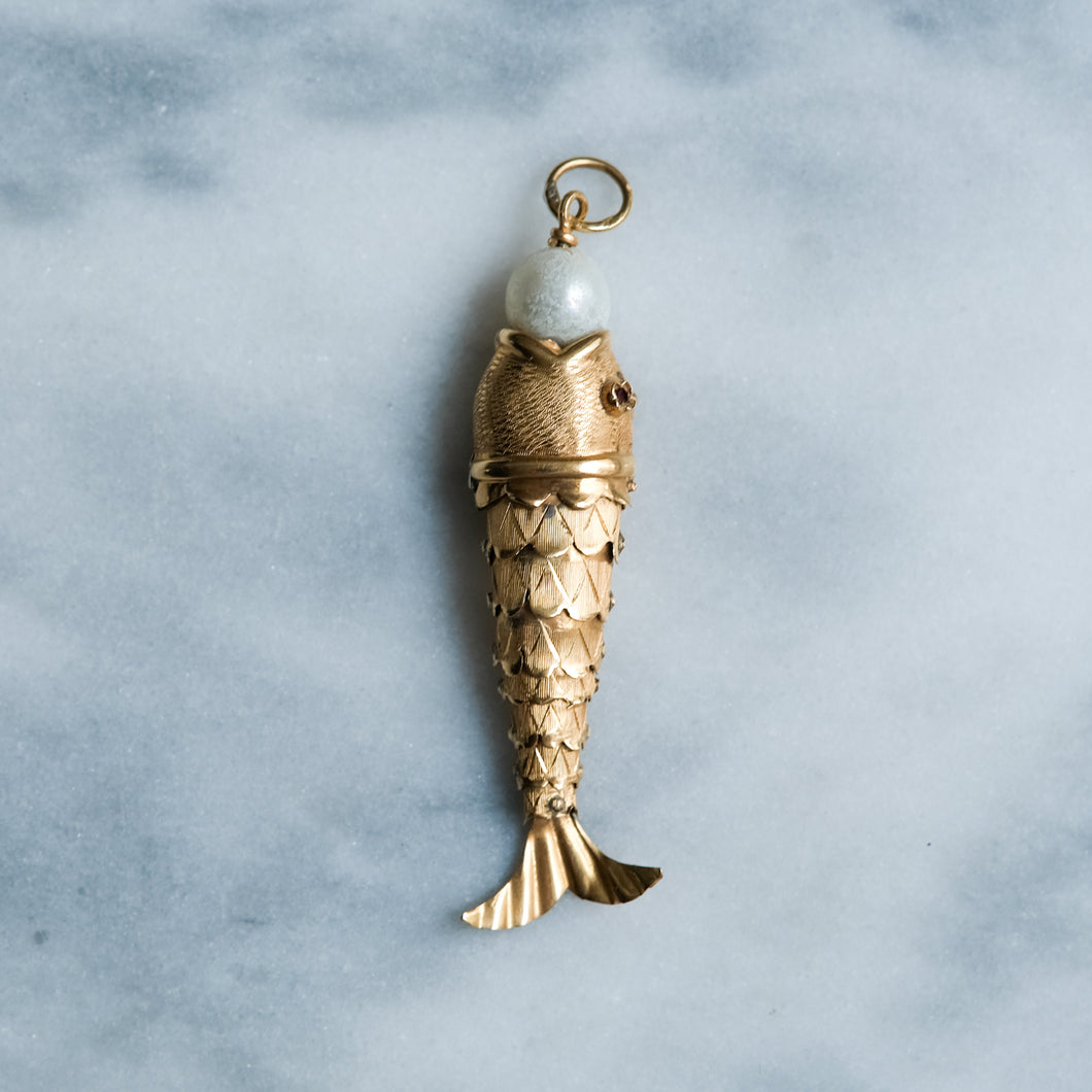 Retro Articulated Fish Pendant with Ruby Eyes and Pearl in Mouth - B