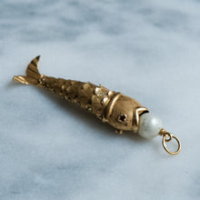 Load image into Gallery viewer, Retro Articulated Fish Pendant with Ruby Eyes and Pearl in Mouth - B
