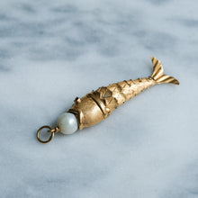 Load image into Gallery viewer, Retro Articulated Fish Pendant with Ruby Eyes and Pearl in Mouth - B
