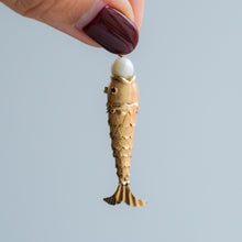 Load image into Gallery viewer, Retro Articulated Fish Pendant with Ruby Eyes and Pearl in Mouth - B
