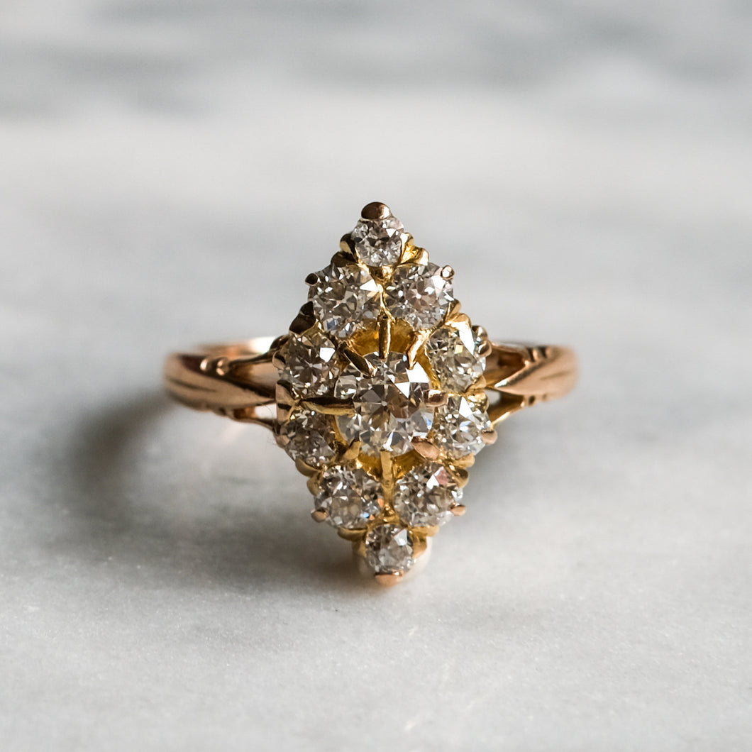 Victorian 14K Yellow Gold Diamond Navette Ring