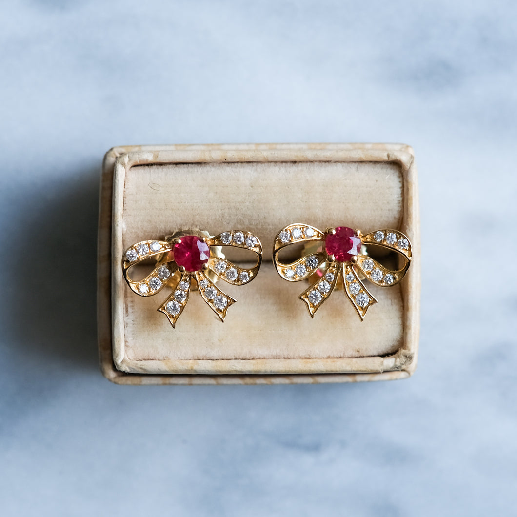 Vintage Diamond and Ruby Bow Stud Earrings