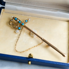 Load image into Gallery viewer, Antique Edwardian 14K Yellow Gold Turquoise and Pearl Sword Brooch
