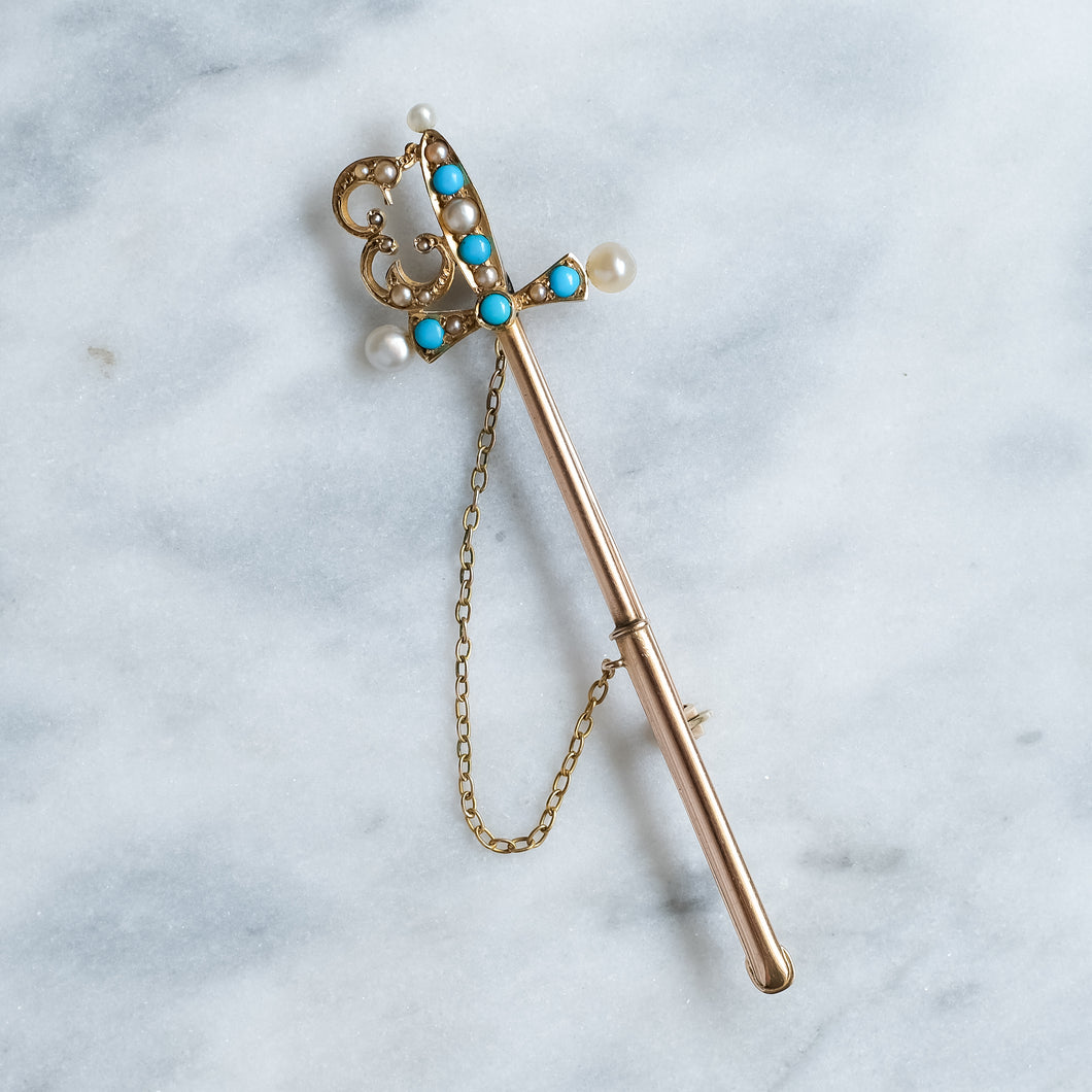 Antique Edwardian 14K Yellow Gold Turquoise and Pearl Sword Brooch