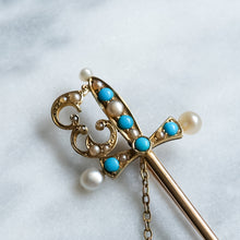 Load image into Gallery viewer, Antique Edwardian 14K Yellow Gold Turquoise and Pearl Sword Brooch
