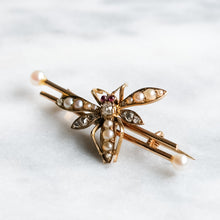 Load image into Gallery viewer, Victorian 15K Yellow Gold Pearl, Diamond and Ruby Insect Brooch
