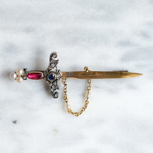 Load image into Gallery viewer, Antique 14-18K Yellow Gold with Silver Ruby, Sapphire, Diamonds and Pearl Sword Brooch
