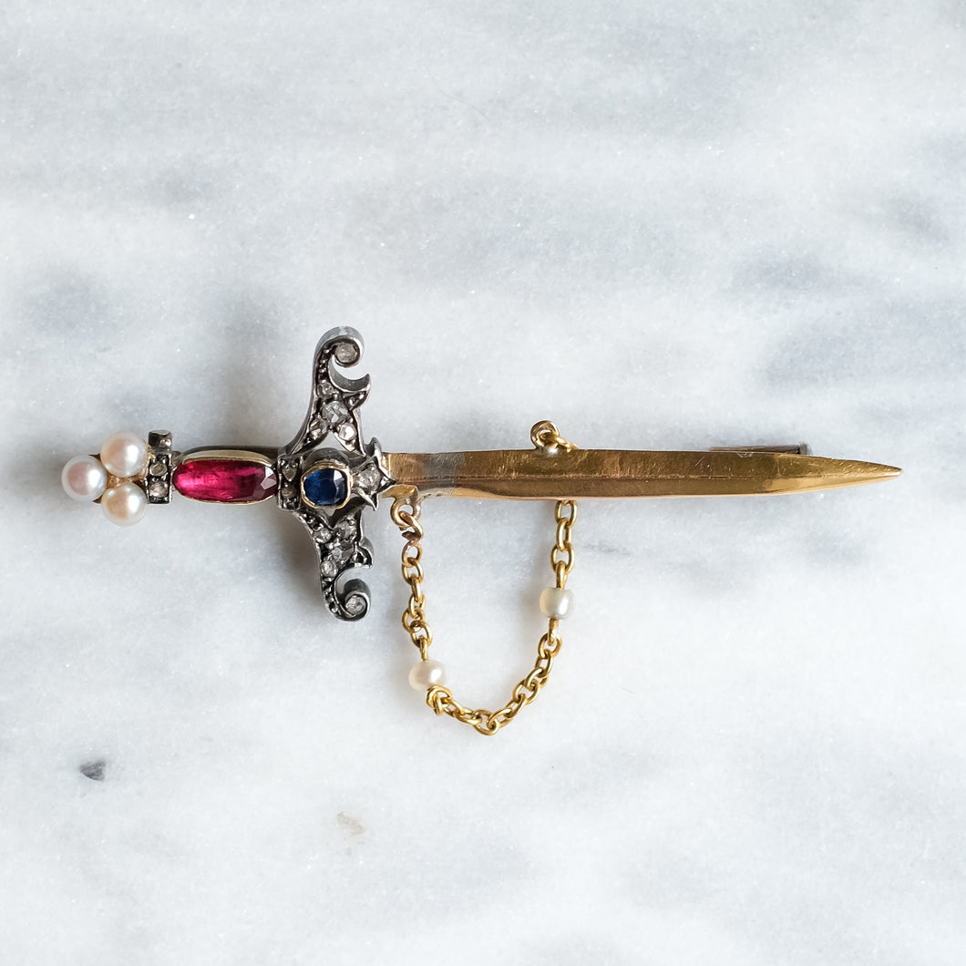 Antique 14-18K Yellow Gold with Silver Ruby, Sapphire, Diamonds and Pearl Sword Brooch