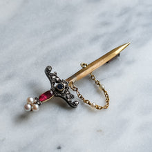 Load image into Gallery viewer, Antique 14-18K Yellow Gold with Silver Ruby, Sapphire, Diamonds and Pearl Sword Brooch
