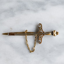 Load image into Gallery viewer, Antique 14-18K Yellow Gold with Silver Ruby, Sapphire, Diamonds and Pearl Sword Brooch
