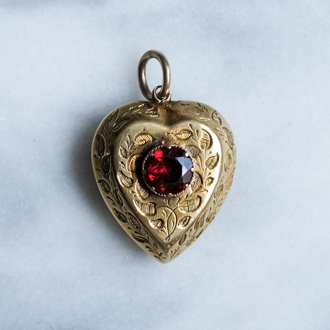 Antique Engraved Garnet Heart Locket Pendant