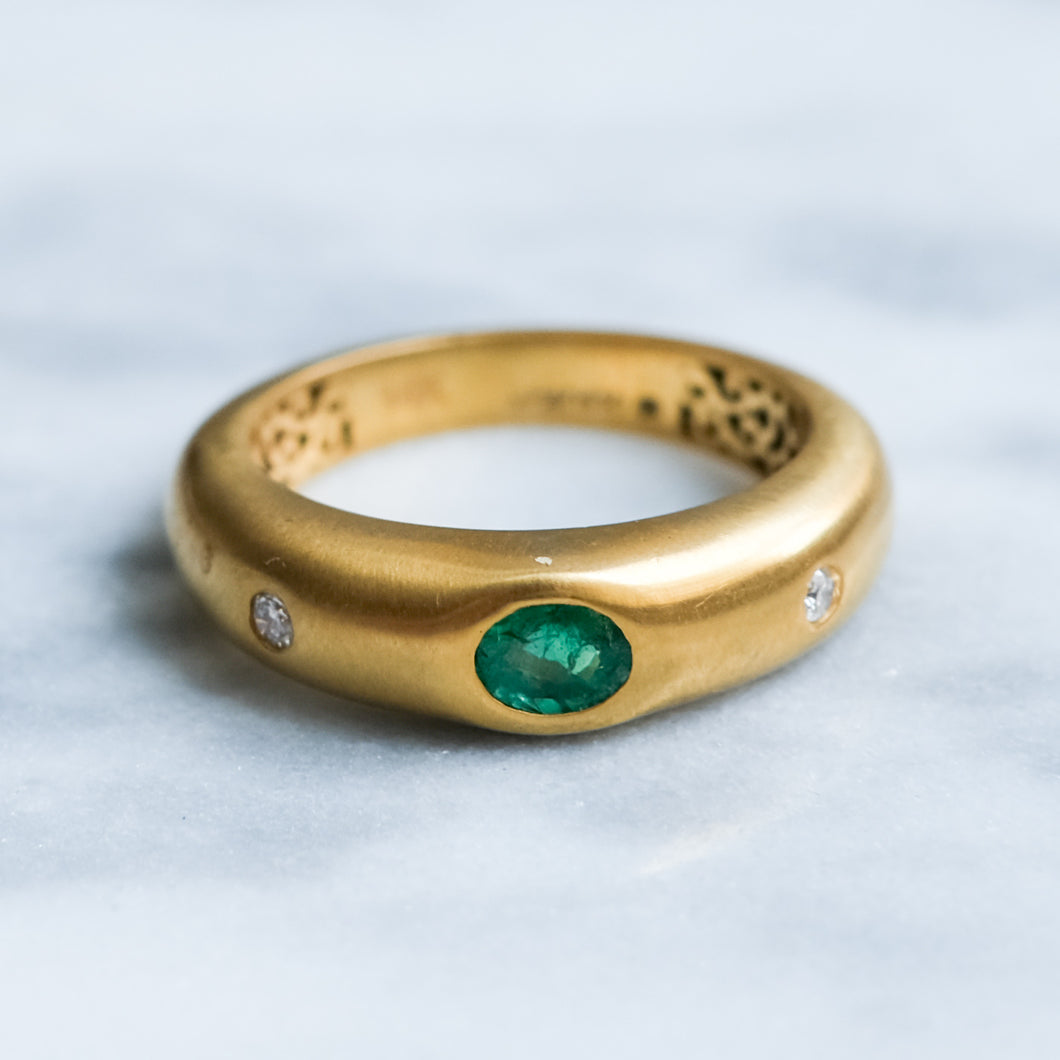 Vintage Flush Set Emerald and Diamond Ring