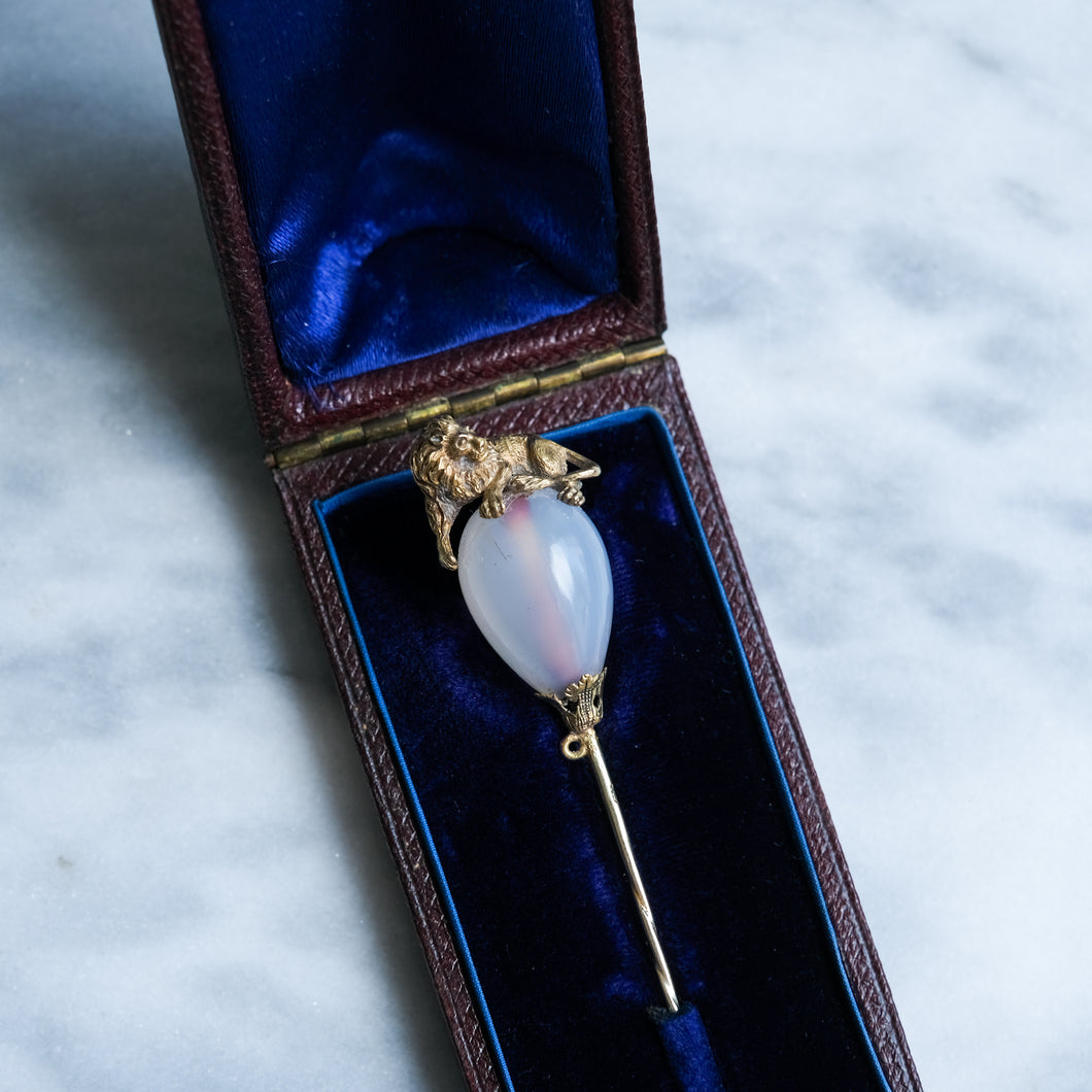 Antique Victorian Agate Lion Stick Pin in Original Case