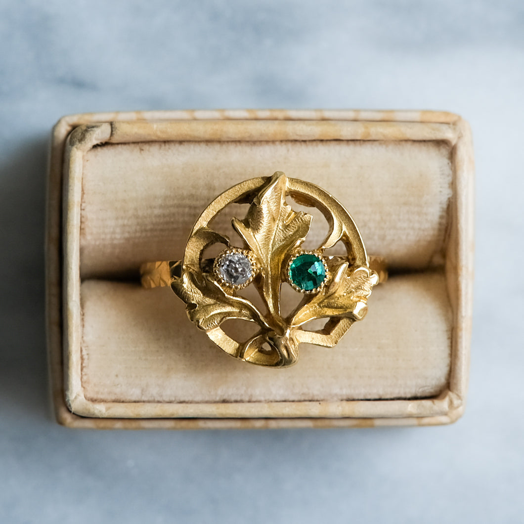 Antique Art Nouveau Emerald and Diamond Foliate Ring