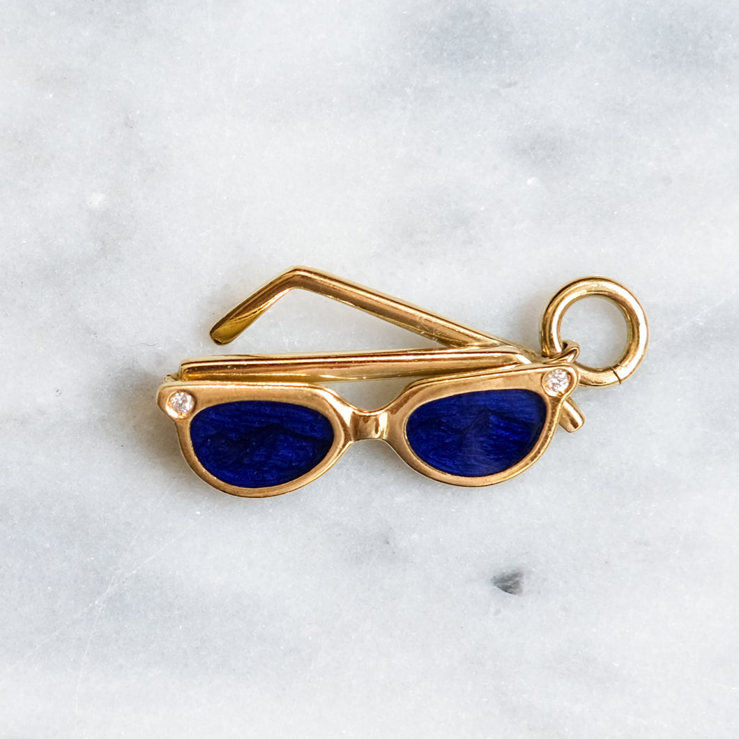 Vintage 18K Yellow Gold Sunglasses with Enamel and Diamonds Pendant