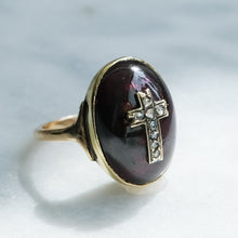 Load image into Gallery viewer, Antique Cabochon Garnet with Rose-Cut Diamonds in a Cross Design
