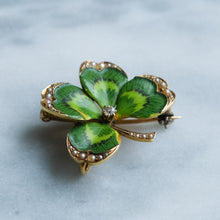 Load image into Gallery viewer, Antique Art Nouveau era Diamond, Pearl and Enamel Lucky Four Leaf Clover Pendant Brooch
