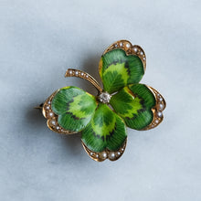 Load image into Gallery viewer, Antique Art Nouveau era Diamond, Pearl and Enamel Lucky Four Leaf Clover Pendant Brooch
