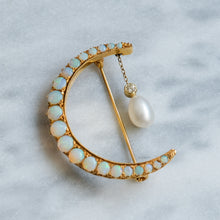 Load image into Gallery viewer, Vintage 9K Yellow Gold Opal, Diamond and Pearl Crescent Brooch
