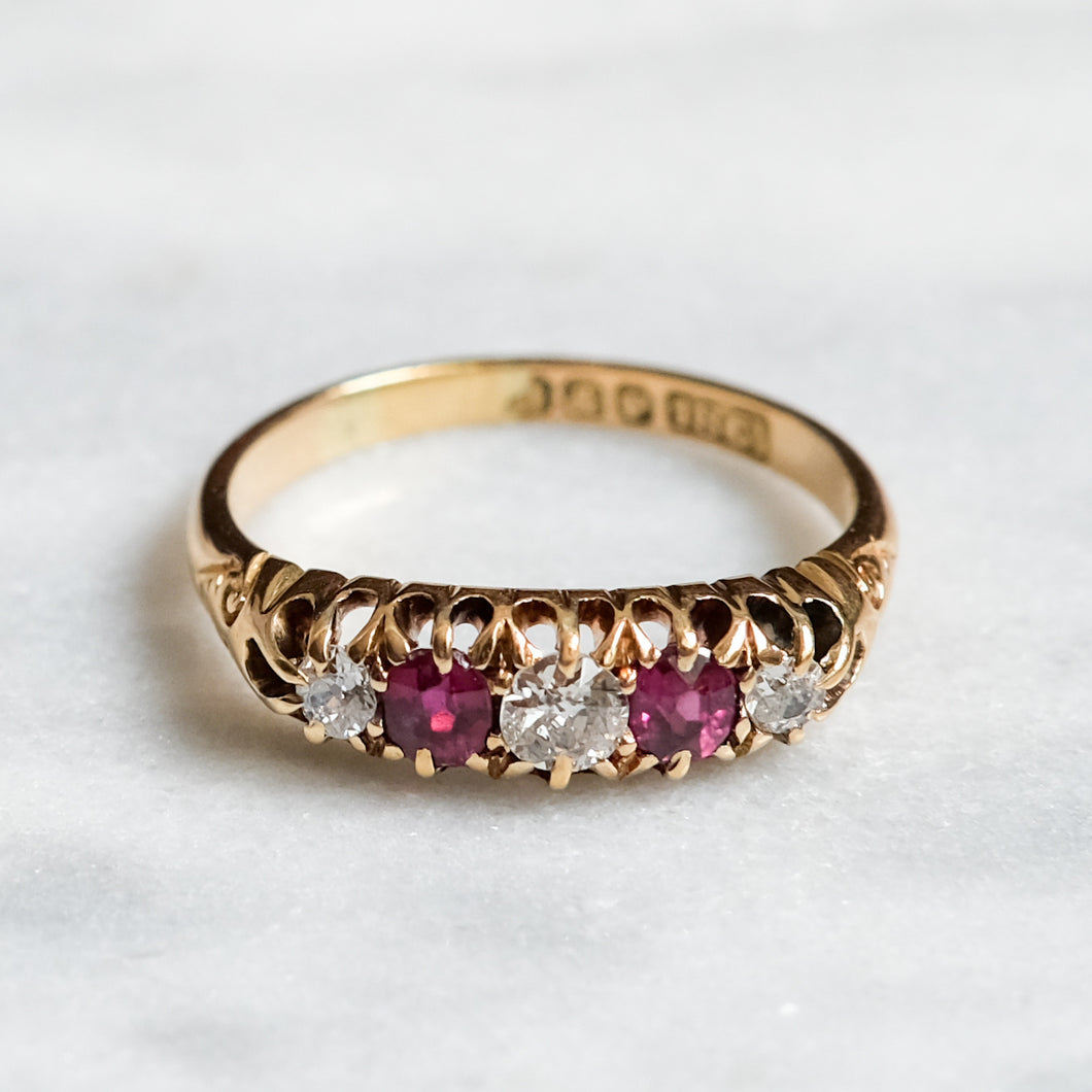 Victorian 18K Rose Gold Ruby Diamond Boat Ring