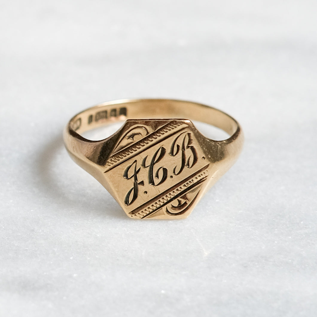 Art Deco 9K Yellow Gold JCB Signet Ring