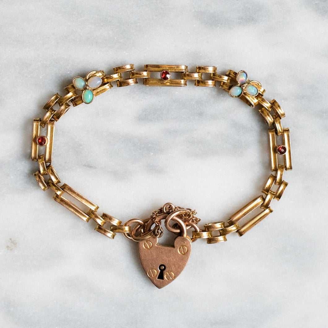 Antique Victorian 9K Rose Gold Opal and Garnet Gate-Link Padlock Bracelet