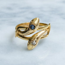Load image into Gallery viewer, Antique French Toi et Moi Diamond and Sapphire Snake Ring
