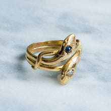 Load image into Gallery viewer, Antique French Toi et Moi Diamond and Sapphire Snake Ring
