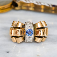 Load image into Gallery viewer, Art Deco Retro era 1940s Burmese Sapphire Diamond Bow Tank Ring
