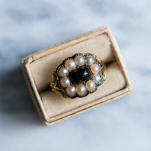 Load image into Gallery viewer, Antique Georgian Enamel, Onyx and Pearl Cluster Memorial Ring
