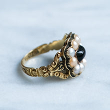 Load image into Gallery viewer, Antique Georgian Enamel, Onyx and Pearl Cluster Memorial Ring
