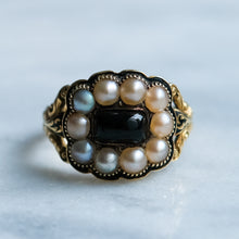 Load image into Gallery viewer, Antique Georgian Enamel, Onyx and Pearl Cluster Memorial Ring
