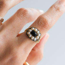 Load image into Gallery viewer, Antique Georgian Enamel, Onyx and Pearl Cluster Memorial Ring
