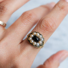 Load image into Gallery viewer, Antique Georgian Enamel, Onyx and Pearl Cluster Memorial Ring
