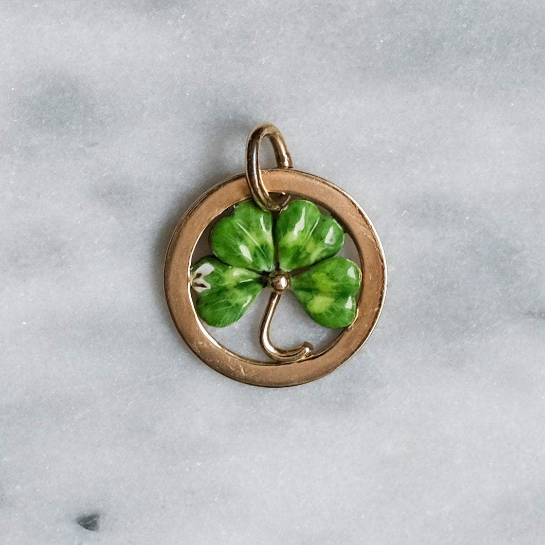 Vintage 14K Yellow Gold Enamel Shamrock Charm Pendant