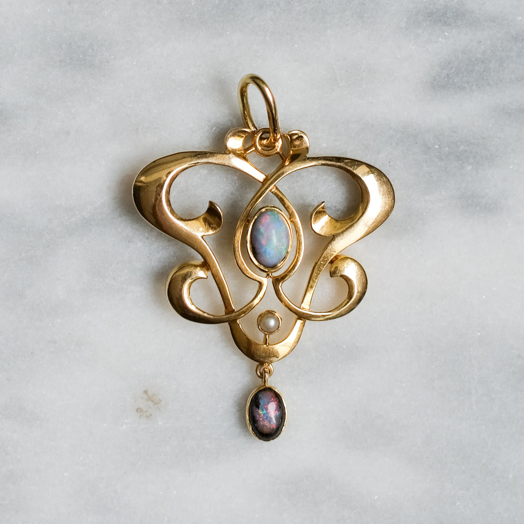 Art Nouveau 15K Yellow Gold Opal and Pearl Pendant