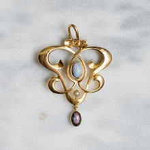 Load image into Gallery viewer, Art Nouveau 15K Yellow Gold Opal and Pearl Pendant
