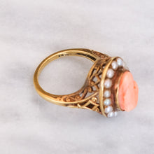 Load image into Gallery viewer, Vintage Retro Coral Seed Pearl Halo Cameo Ring
