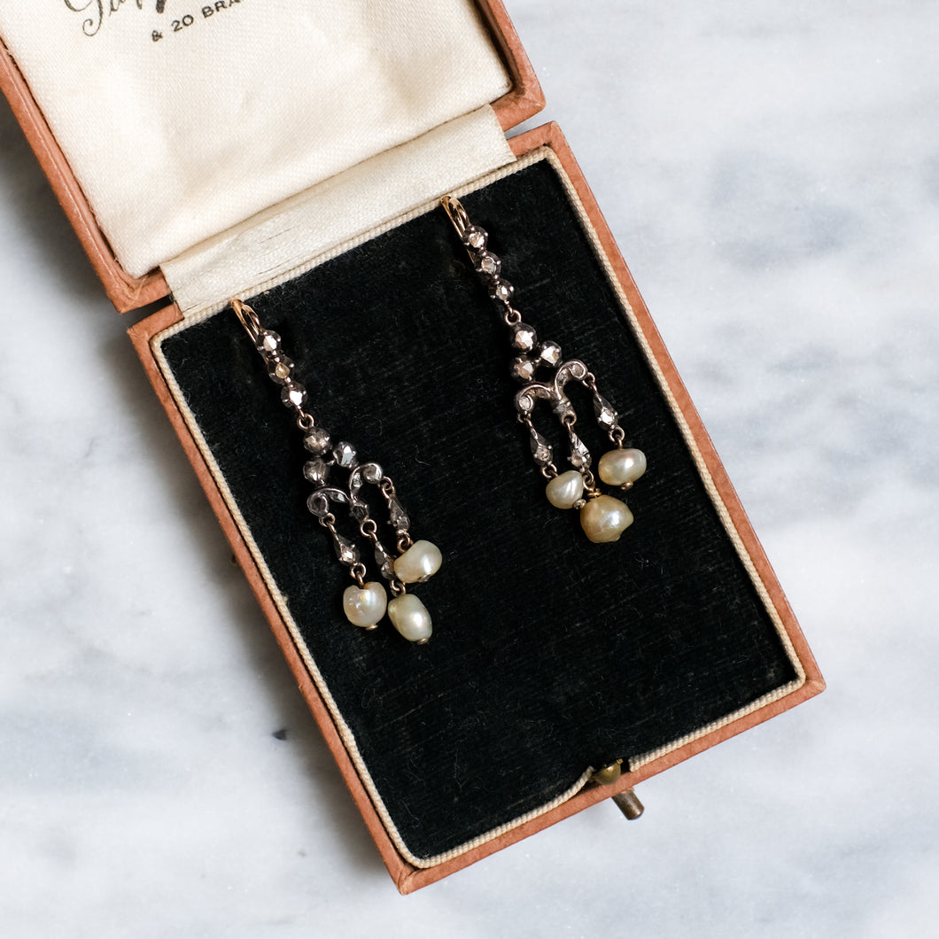 Georgian 18k Rose Gold Silver Diamond and Pearl Drop Earrings