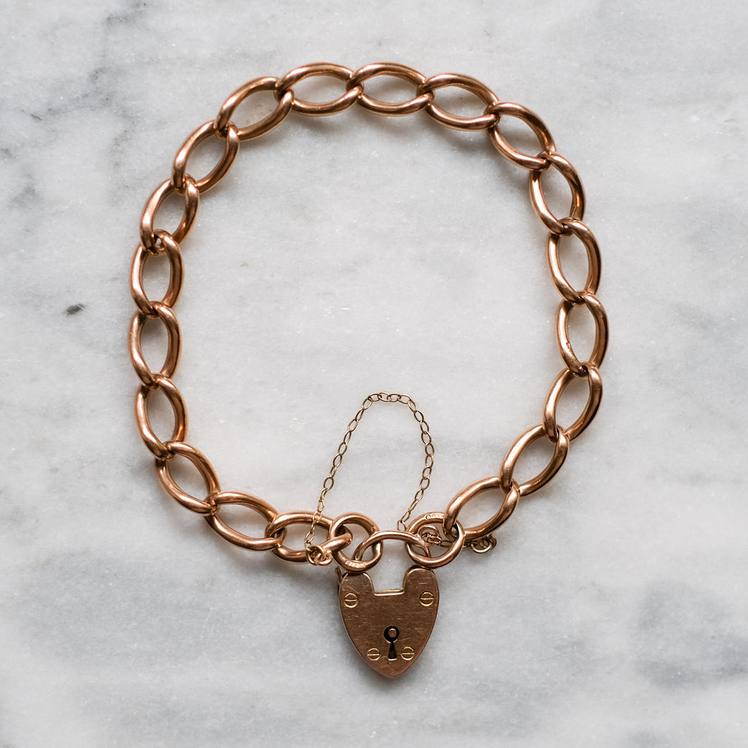 Antique Victorian 9K Rose Gold Curb-Link Padlock Bracelet