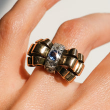 Load image into Gallery viewer, Art Deco Retro era 1940s Burmese Sapphire Diamond Bow Tank Ring
