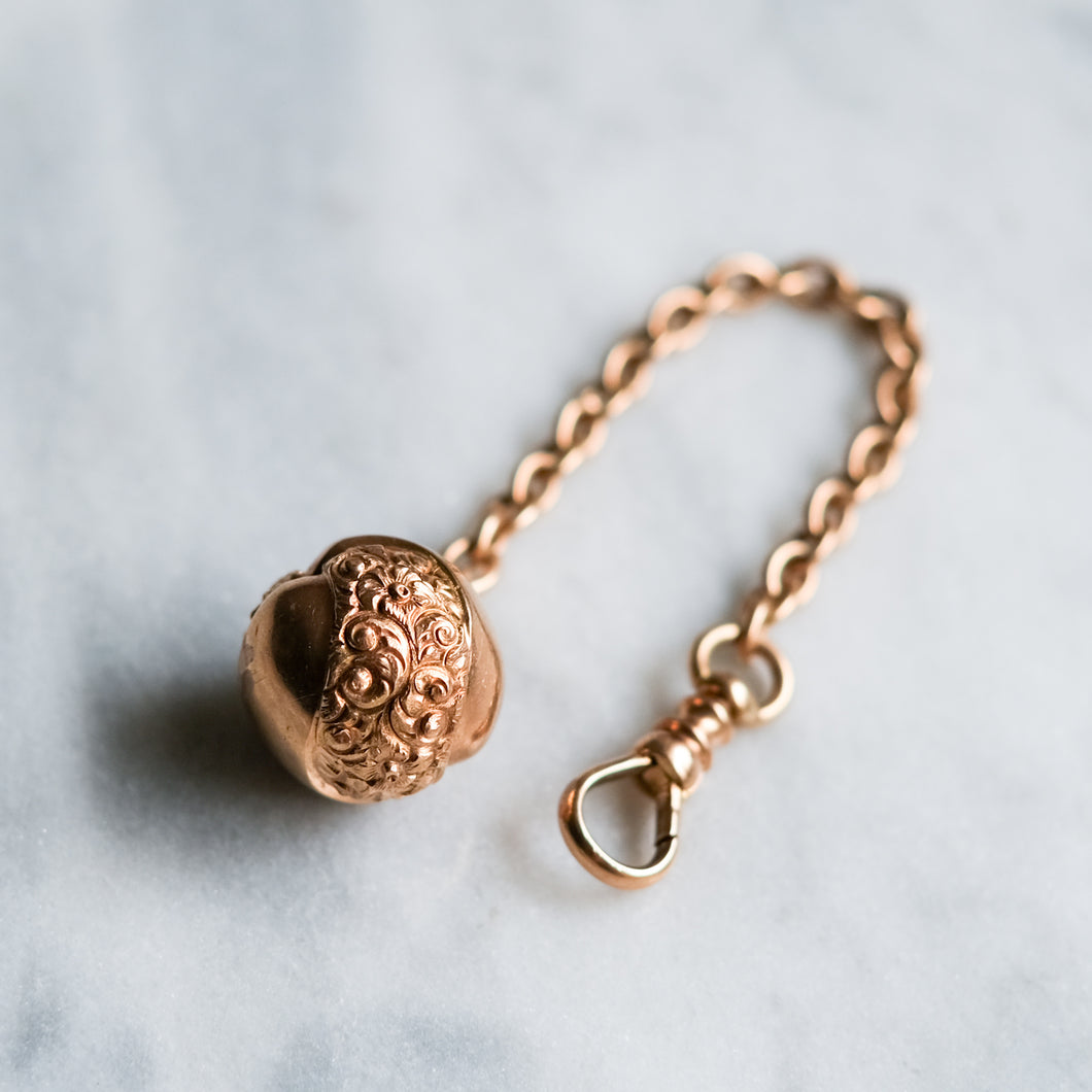 Victorian 14K Rose Gold Watch Chain Extender with Repousse Floral Ball Fob