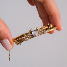 Load image into Gallery viewer, Antique Victorian 14K Yellow Gold Swallow and Cabochon Heart Moonstone Bangle
