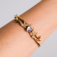 Load image into Gallery viewer, Antique Victorian 14K Yellow Gold Swallow and Cabochon Heart Moonstone Bangle
